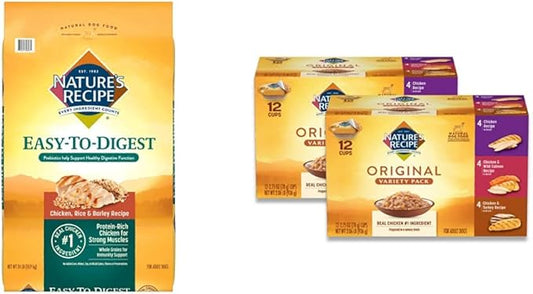 Nature's Recipe Easy to Digest Chicken, Rice & Barley 24 Pounds Dry Dog Food + Chicken Recipes Variety Pack 2.75 Ounce (Pack of 24) Wet Dog Food Bundle