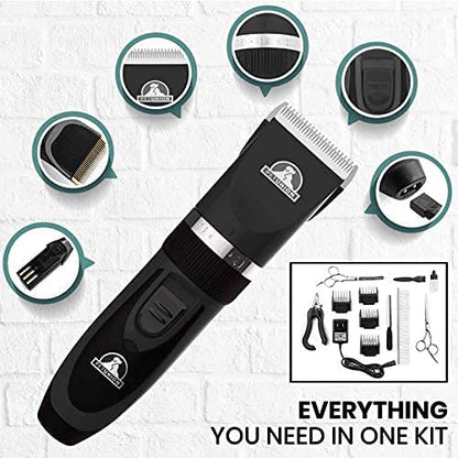 Pet Union Professional Dog Grooming Kit - Cordless Low Noise Dog Clippers for Grooming Thick Coats - All Pet Safe Cat Hair Trimmer - Pet Grooming Kit includes Dog Hair Clippers, Nail Trimmer & Shears