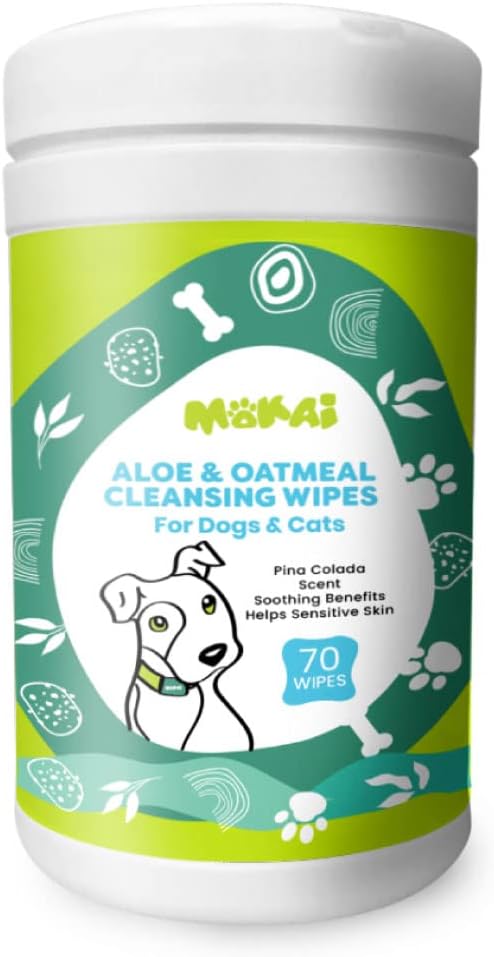MOKAI Aloe & Oatmeal Grooming Wipes for Dogs and Cats | Pet Cleansing Wipes Used to Remove Dirt Dander Odor and Excess Hair from The Skin and Coat with Soothing Benefits for Sensitive Skin (60 Wipes)
