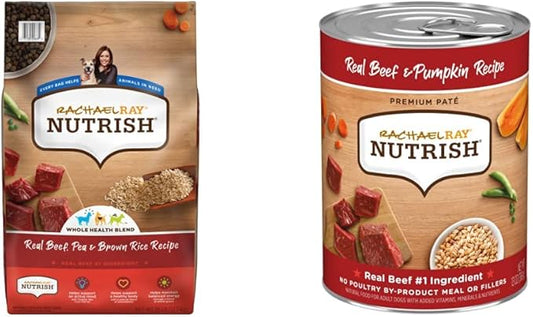 Nutrish Rachael Ray Beef, Pea & Brown Rice 28 Pounds Dry Dog Food + Beef & Pumpkin 13 Ounce (Pack of 12) Wet Dog Food Bundle