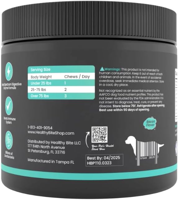 Healthy Bite Probiotic for Dogs - Dog probiotic for Diarrhea, Digestive and Immune Support for Dogs, Gut Health 6 Different Bacterias, Prebiotic Soft Chew Supplement for Dogs - Prebiotic -120 Count