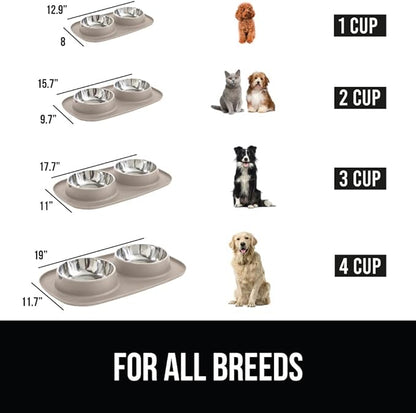 Gorilla Grip 100% Waterproof BPA Free Cat and Dog Bowls Silicone Feeding Mat Set, Stainless Steel Bowl Slip Resistant Raised Edges, Catch Water, Food Mess, No Spills, Pet Accessories, 3 Cup, Beige