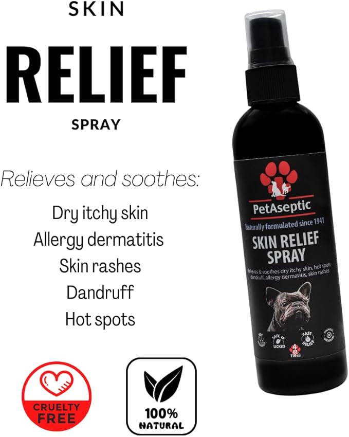 Skin Relief Spray for Dogs | Relieves Dry Itchy Skin, Hot Spots, Dandruff, Allergy Dermatitis, & Skin Rashes | Clear, Stainless, & Greaseless | Provides Fast, Temporary Relief | 4oz Spray