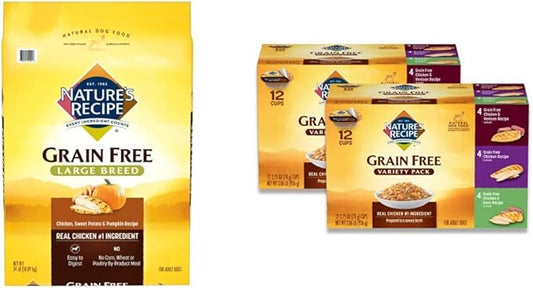 Nature's Recipe Grain Free Large Breed Chicken, Sweet Potato & Pumpkin 24 Pounds Dry Dog Food + Grain Free Chicken Recipes Variety Pack 2.75 Ounce (Pack of 24) Wet Dog Food Bundle