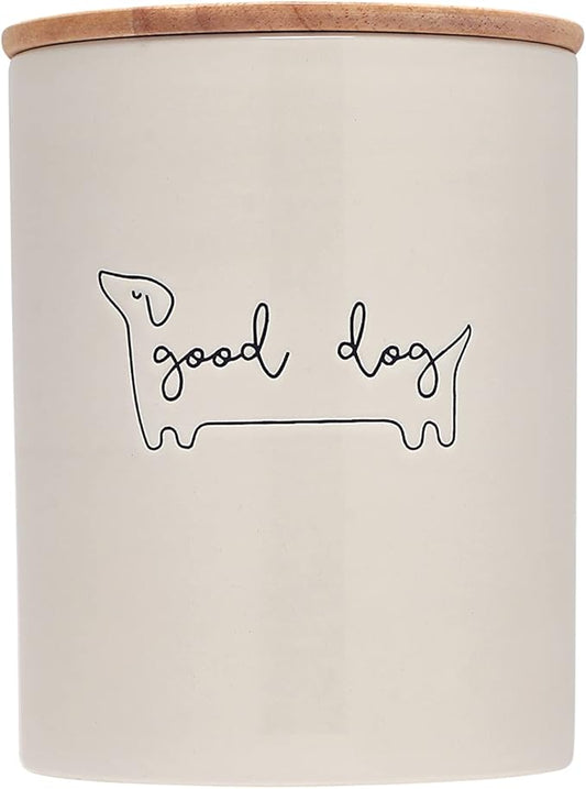 Pearhead Good Dog Treat Jar, Ceramic and Wood Pet Treat Canister, Neutral Modern Kitchen Decor, Pet Accessories, Dog Biscuit Storage Jar, Freshness Seal, Holds 4 Cups