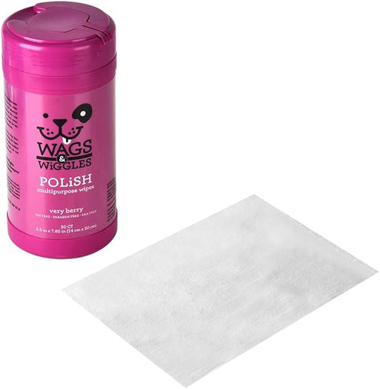 Wags & Wiggles Polish Multipurpose Wipes for Dogs | Clean & Condition Your Dog's Coat Without A Full Bath | 50 Count Dog Wipes in Very Berry Scent Dogs Love