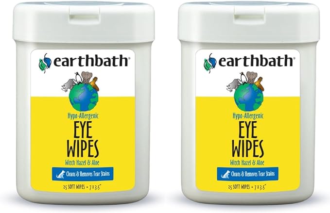 earthbath, Hypo-Allergenic Pet Eye Wipes - Tear Stain Remover, All Natural Pet Eye Wipes, Cat & Dog Soft Wipes, Made in USA - 25 Count (2 Pack)