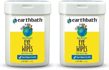 earthbath, Hypo-Allergenic Pet Eye Wipes - Tear Stain Remover, All Natural Pet Eye Wipes, Cat & Dog Soft Wipes, Made in USA - 25 Count (2 Pack)