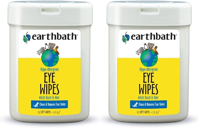 earthbath, Hypo-Allergenic Pet Eye Wipes - Tear Stain Remover, All Natural Pet Eye Wipes, Cat & Dog Soft Wipes, Made in USA - 25 Count (2 Pack)