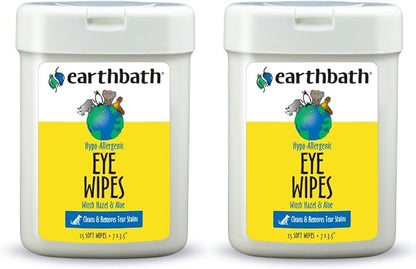 earthbath, Hypo-Allergenic Pet Eye Wipes - Tear Stain Remover, All Natural Pet Eye Wipes, Cat & Dog Soft Wipes, Made in USA - 25 Count (2 Pack)