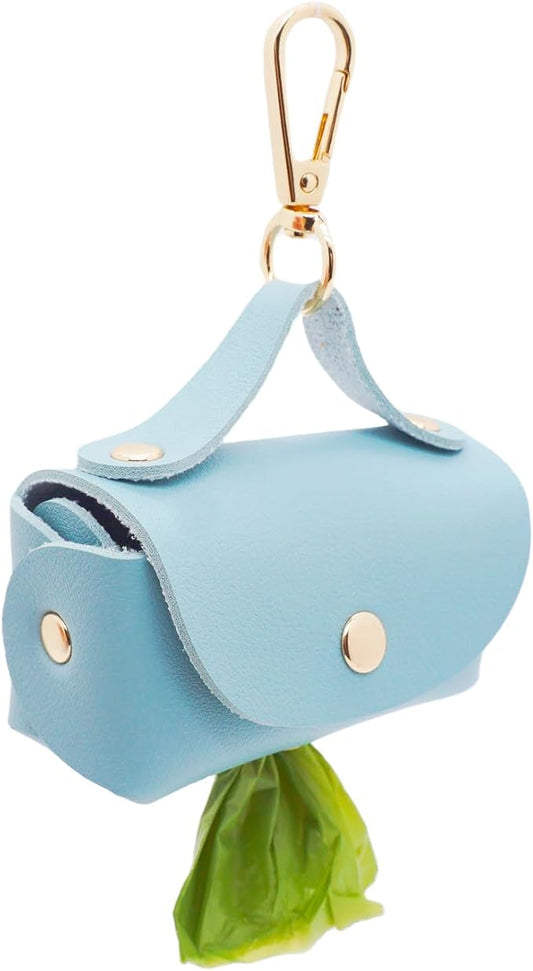 Leather Poop Bag Holder Dispenser for Leash, Portable and Reusable Dog Poop Bag Dispenser, Dog Bag Holder for Walking, Outdoor, Travelling (Blue)