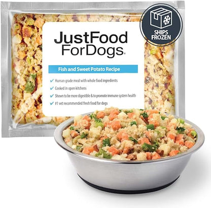 JustFoodForDogs Frozen Fresh Dog Food, Complete Meal or Dog Food Topper, Fish & Sweet Potato Human Grade Dog Food Recipe, 18 oz (Pack of 7)