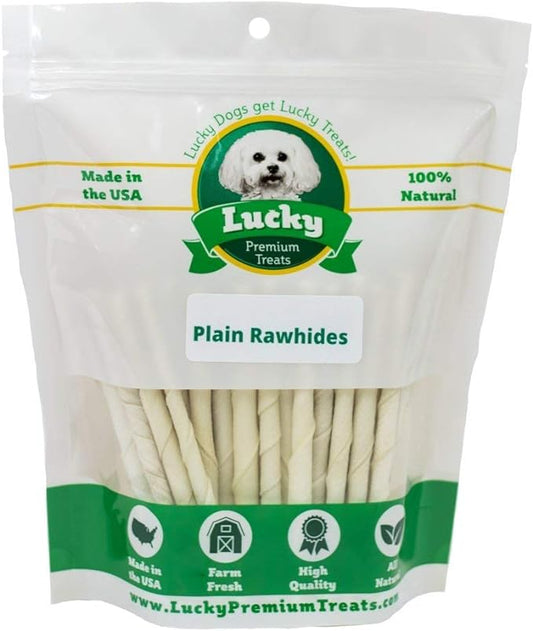 Lucky Premium Treats Plain Rawhide Sticks – All-Natural Rawhide Dog Treats for Small Dogs, Gluten Free Premium Small Dog Treats (60 Chews)