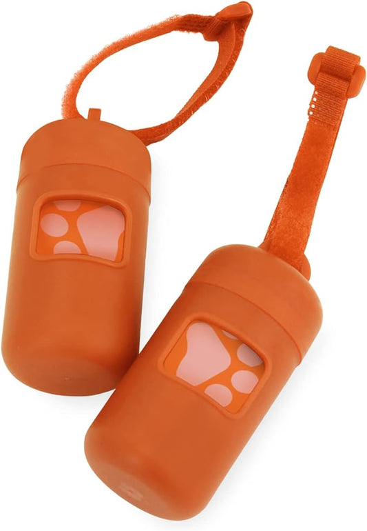 Best Pet Supplies Dog Poop Bag Holder Leash Attachment with 30 Bags, Reusable Dispenser for Travel, Walking, Park, and Outdoor Use, Durable with Clip-On - Orange, Pack of 2