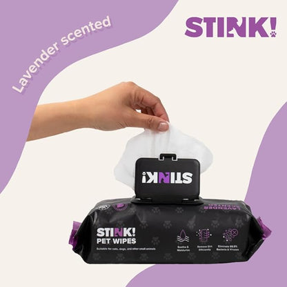 Stink! Plant Based Pet Wipes - Biodegradable - Dirt and Odor Control - Grooming Wipes for Easy Cleaning on Paws Body and Bum - Lavender Scented - 8" x 8" - 400 Count