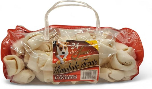 Dog Natural Rawhide Bones, Dog Chew Treats, Long Lasting Dog Chews, Knotted Bones 4”-5”, (Pack of 24) (12624)
