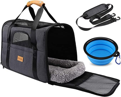 Cat Carrier, Morpilot Dog Carrier Travel Bag Airline Approved Portable Pet Carrier for Small Medium Puppies with Adjustable Shoulder Strap/Removable Mat/Bowl (Max 15lbs, 17.3x12.2x13.4)