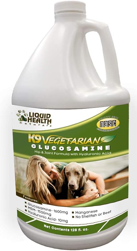 LIQUIDHEALTH 128 Oz K9 Vegetarian Liquid Glucosamine for All Dogs Canines - Chondroitin, MSM, Omega 3, Anti Oxidants Hyaluronic Acid – Joint Health, Dog Vitamins Hip Joint Juice, Joint Oil - 1 Gallon