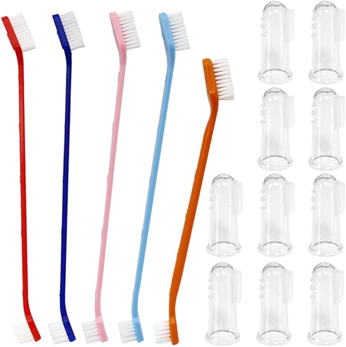SourceTon Set of 15, Pet Toothbrush Set, 5 Dual Headed Toothbrush Dog Toothbrush and 10 Finger Toothbrush, for Dental Care of Dog & Cat