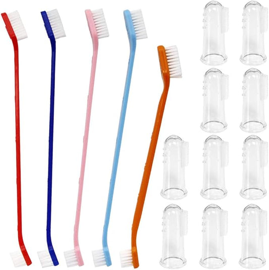 SourceTon Set of 15, Pet Toothbrush Set, 5 Dual Headed Toothbrush Dog Toothbrush and 10 Finger Toothbrush, for Dental Care of Dog & Cat