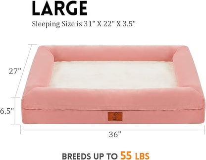 Large Dog Bed, Pink Orthopedic Dog Bed, Waterproof Dog Bed with Removable Cover, 4-Sides Removable Bolster Dog Soft Sofa Bed with Nonskid Bottom, Washable Dog Beds for Large Dogs