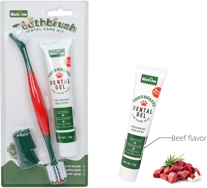 Pets Toothbrush Kit,3 Pieces Set with Toothpaste Fingerbrush and Toothpaste,Teeth Cleaning for Cat and Dog Pet Oral Care Fresh Toothbrush Beef Flavor Tooth Brushing Kit for Puppies Kitten