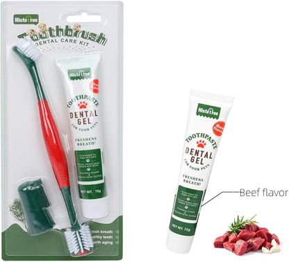 Pets Toothbrush Kit,3 Pieces Set with Toothpaste Fingerbrush and Toothpaste,Teeth Cleaning for Cat and Dog Pet Oral Care Fresh Toothbrush Beef Flavor Tooth Brushing Kit for Puppies Kitten