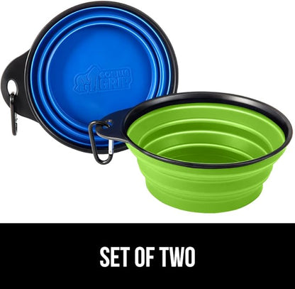 Gorilla Grip Collapsible Dog Bowl, Silicone Set of 2 Travel Bowls with Carabiner, Foldable and Portable Accessories for Cat and Dogs, Small Pet Hiking Supplies, Food and Water, 1 Cup, Royal Blue/Green