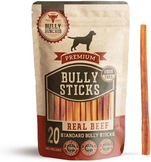 Bully Bunches Premium 12 Inch Standard Odor-Free Bully Sticks for Small & Medium Dogs - Long Lasting Chew Bones - All Natural & Single Ingredient, 100% Beef Dog Treat, Rawhide Free (20 Pk)