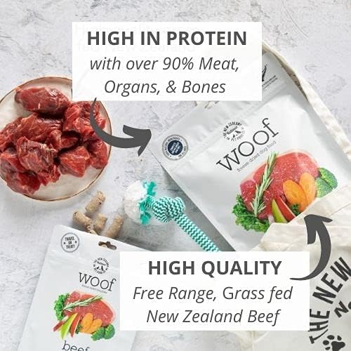 WOOF Beef Freeze Dried Raw Dog Food, Mixer, or Topper, or Treat - High Protein, Natural, Limited Ingredient Recipe 2.2 LB