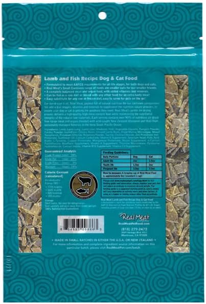 Real Meat Air Dried Cat Food & Dog Food w/ Real Lamb & Fish - 5oz of USA-Crafted Grain-Free Dry Dog & Cat Food Sourced from Free-Range Lamb & Ocean-Caught Fish - All Natural, High Protein Pet Food