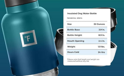 IRON °FLASK Portable Dog Water Bottle & Bowl - All-in-One Travel Accessories Pet Food & Liquids for Car, Hiking, Camping - Leak-Proof, Double Walled, Insulated - 32 oz, 2 Dog Bowls - Dark Pine