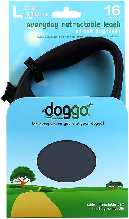 doggo Everyday Retractable Dog Leash, 16' Long Belt, Large for Dogs Up to 110 lbs, Grey with Black Soft Grip Handle