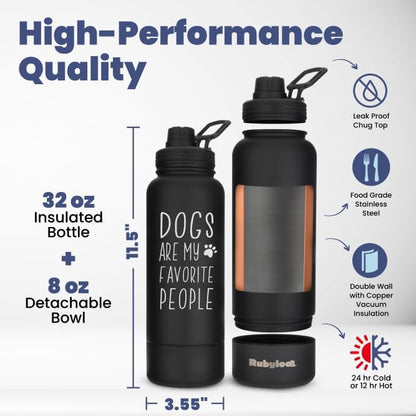 Dog Water Bottle for Dog Lovers - 32 oz Stainless Steel Double Wall Insulated Water Bottle with 8 oz Attached Dog Bowl - Best Dog Mom Gifts for Women - “Dogs are My Favorite People” - Black