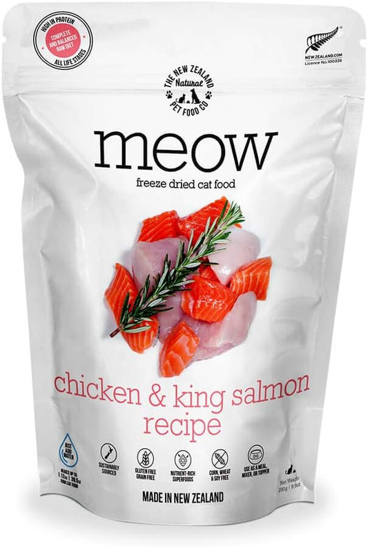 Meow Chicken & King Salmon Freeze Dried Raw Cat Food, Mixer, or Topper, or Treat - High Protein, Natural, Limited Ingredient Recipe 9.9 oz