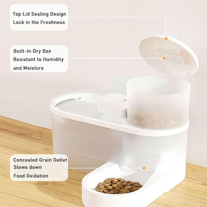 Marchul Wireless Pet Fountain and Gravity Auto Feeder Set, 67 oz(2L) Non-Leakage Silent Pet Fountain with Multi-Angle Auto Cat Feeder, Motion Sensor Pet Fountain Dual Mode, with Filter, Charger