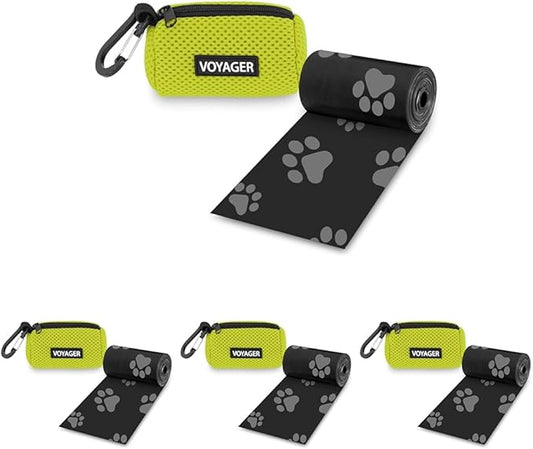 Best Pet Supplies Dog Poop Bag Holder Leash Attachment with 15 Bags, Lime Green, Reusable Mesh Dispenser Pouch for Travel, Walking, Park, and Outdoor Use, Soft and Durable with Clip-On (Pack of 4)