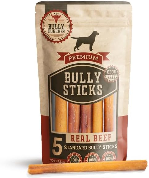 Bully Bunches Premium 6 Inch Standard Odor-Free Bully Sticks for Small to Medium Dogs & Puppies - Long Lasting Chews for Oral Care - All Natural, 100% Beef Dog Treats, Rawhide Free