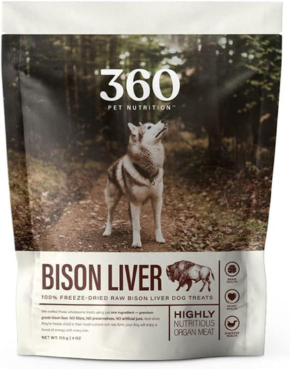 360 Pet Nutrition Freeze Dried Bison Liver Raw Single Ingredient Treats, Made in The USA, 4 Ounce (Bison Liver)