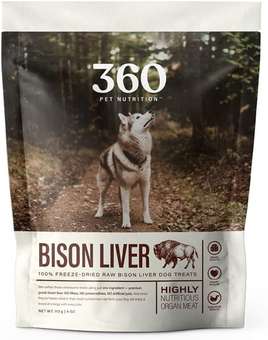 360 Pet Nutrition Freeze Dried Bison Liver Raw Single Ingredient Treats, Made in The USA, 4 Ounce (Bison Liver)
