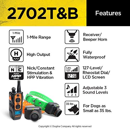 Dogtra 2702 T&B 2-Dogs Remote Training and Beeper Collar with 1 Mile Range, Fully Waterproof, Rechargeable, Static, Vibration, w/PetsTEK Dog Training Clicker