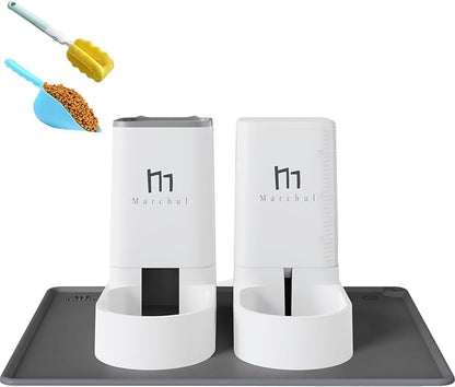 Marchul Cat Feeder and Water Dispenser Set with Silicone Mat, Automatic Cat Feeder 4.63lb, Gravity Automatic Water Dispenser 1 Gallon, Cat and Dog Feeders with Pet Food Scoop Sponge Bottle Brush