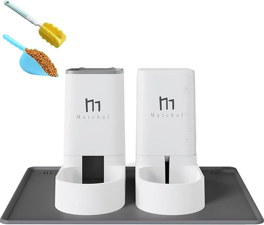 Marchul Cat Feeder and Water Dispenser Set with Silicone Mat, Automatic Cat Feeder 4.63lb, Gravity Automatic Water Dispenser 1 Gallon, Cat and Dog Feeders with Pet Food Scoop Sponge Bottle Brush