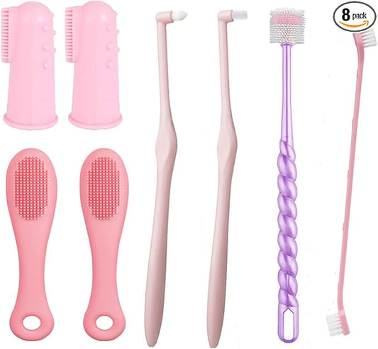 8PCS Cat & Dog Toothbrush Kit, 360 Degree Silicone Pet Toothbrush，Silicone Dog Finger Toothbrush，Double Head Toothbrush，Soft Cat Toothbrush Easily Clean Teeth Dirt