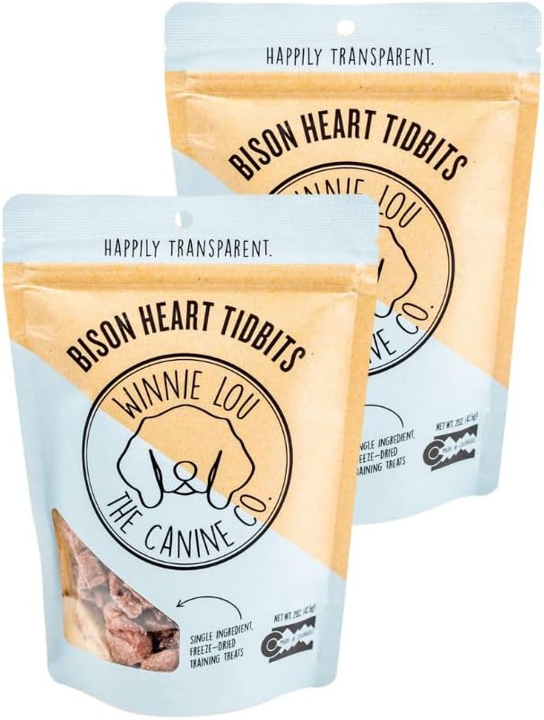 Winnie Lou Organic Jerky Dog Treats Made in The USA – Human Grade Dog Treats – Dog Jerky Treats – All Natural Dog Treats – Healthy Dog Treats (Bison Heart Tidbits 2 Pack)