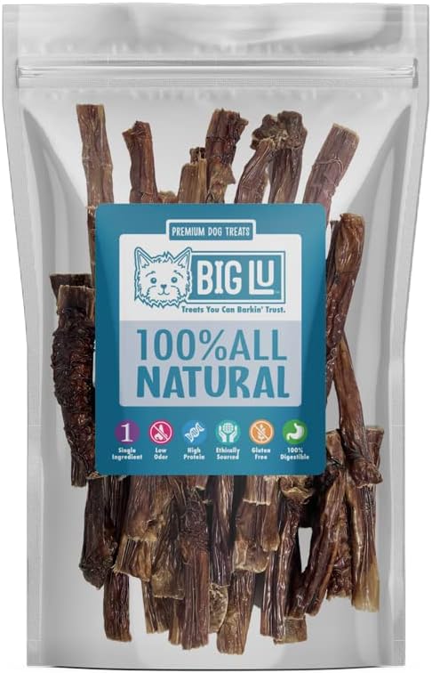 Big Lu - Jerky Gullet Stick Dog Chews, Premium 100% Beef, All-Natural Dog Treats, Rich in Glucosamine and Chondroitin for Joint Health, 6-Inch Sticks (12 Sticks)