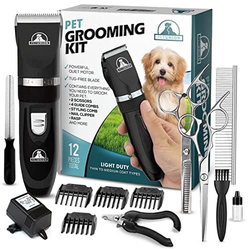 Professional Dog Grooming Kit - Cordless Low Noise Dog Clippers for Grooming Thick Coats - All Pet Safe Cat Hair Trimmer - Pet Grooming Kit Includes Dog Hair Clippers, Nail Trimmer & Shears