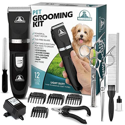Professional Dog Grooming Kit - Cordless Low Noise Dog Clippers for Grooming Thick Coats - All Pet Safe Cat Hair Trimmer - Pet Grooming Kit Includes Dog Hair Clippers, Nail Trimmer & Shears