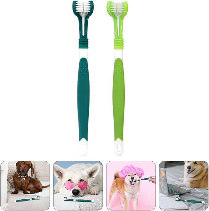 Mipcase 2pcs Tooth for Dogs Cleaning Brush Puppy Supplies Green Kitten Dental Cat Triple Toothbrush Dog Finger Gentle Large Care Gum Oral Handle Pet Hair Headed Small Toothbrushes