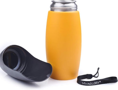 VIVAGLORY Dog Water Bottle, Pet Drinking Bottle, 25oz Portable & Leakproof Stainless Steel Dog Travel Water Bottle Bowl with Large Trough for Walking & Hiking, Orange Yellow